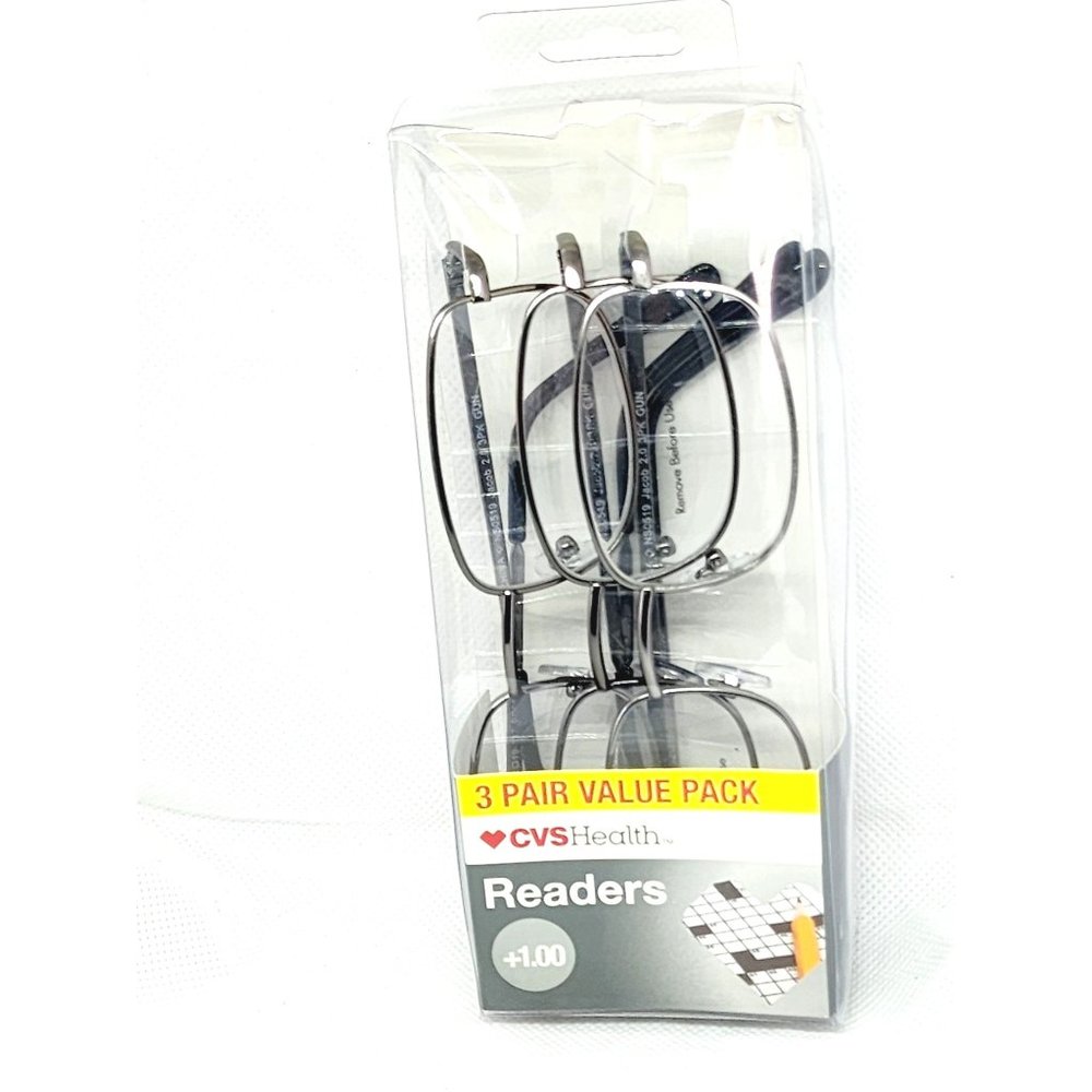 CVS Health 3 Pair Value Pack +1.00 Jacob 2.0 Gun Metal Gray Reading Glasses
